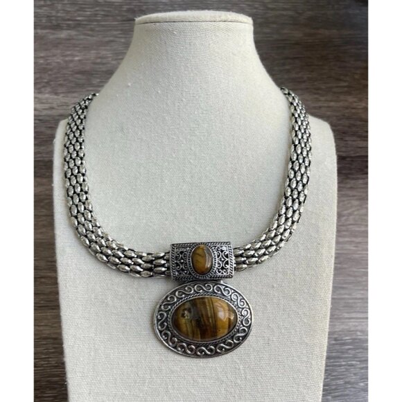 Vintage Tiger's Eye Silver Tone Women’s Necklace Chain 2 Pendants Elegant Sz 22” - Picture 4 of 14